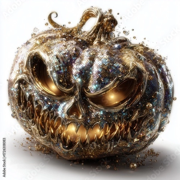 Fototapeta Mirror ball pumpkin with Disco ball Jack-o'-lantern with shimmering texture, creepy Jack-o'-lantern with jagged grin and glowing eyes, reflective Jack-o'-lantern isolated on white background