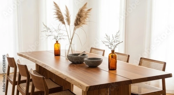 Obraz Elegant dining room featuring a solid wood table with natural edge and stylish decor showcases