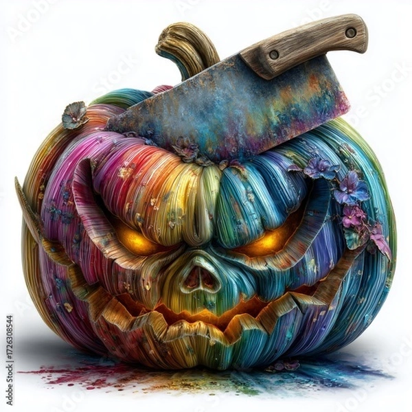 Fototapeta Vivid horror gourd with rainbow striped Jack-o'-lantern with embedded cleaver, terrifying Jack-o'-lantern with glowing eyes and sinister grin, photorealistic Jack-o'-lantern on white background 