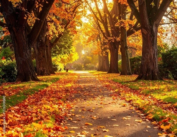 Obraz Autumnal Path: Sunlit Lane with Golden Leaves