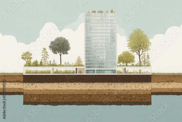 Obraz Modern tower sustainable architecture urban park rooftop garden green design cross section soil layers eco building city landscape minimal style