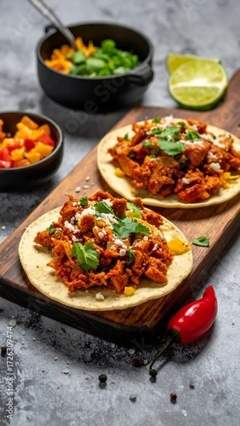 Obraz Savory shredded meat tacos on corn tortillas, garnished with cilantro and cheese