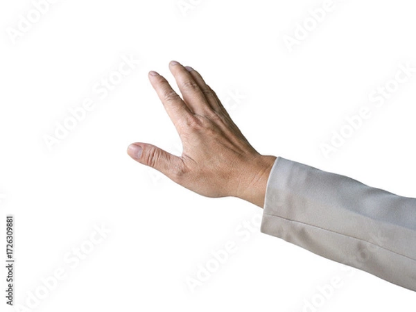 Fototapeta Man reaching out his hand as though touching something. Isolated on transparent background.