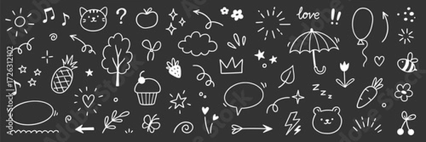 Fototapeta Line cute element set. Hand drawn scribble heart, arrow, flower and cloud elements on chalkboard background. Doodle sketch heart, star, cloud cartoon sticker shapes. Vector illustration