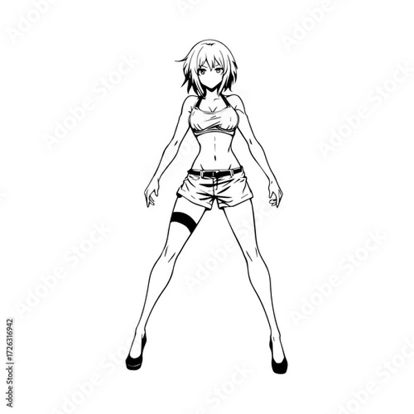 Fototapeta Black and white hot anime character line art illustration, stylish minimal outline drawing in clean style