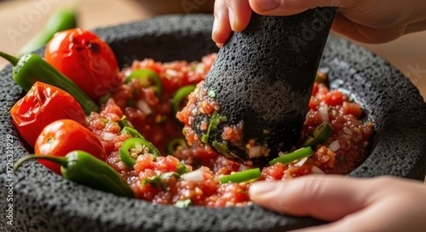 Fototapeta Preparation of traditional Mexican salsa using a molcajete and tejolote for authentic flavor