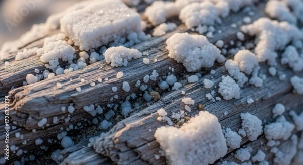 Fototapeta Detailed macro shot capturing crystallized mineral deposits adhering to weathered driftwood surface