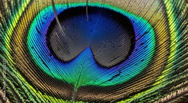 Fototapeta Intricate details of a peacock feather's eye, showcasing vibrant colors and textures, close up