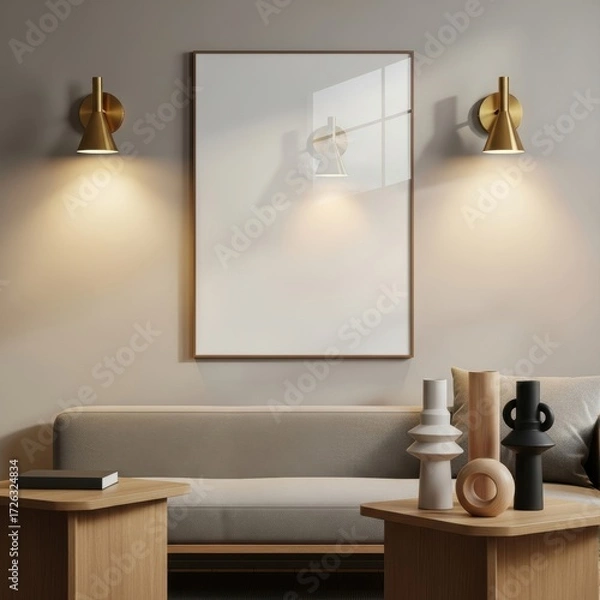 Obraz Mockup poster frame in modern living room interior with minimalist sofa, Scandinavian wooden furniture, and contemporary wall sconces