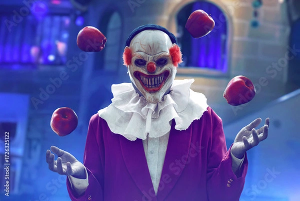 Fototapeta Man wearing scary clown mask juggling apples on amusement park, Halloween theme