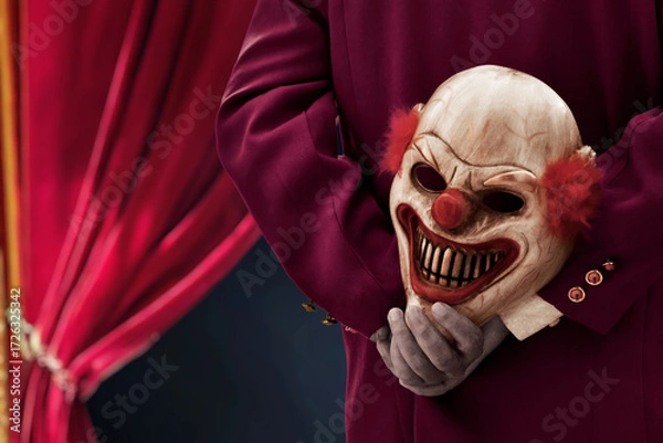 Fototapeta Man holding scary clown mask on stage with red curtains, Halloween theme