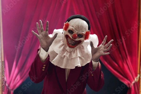Fototapeta Man wearing scary clown mask on stage with red curtains, Halloween theme