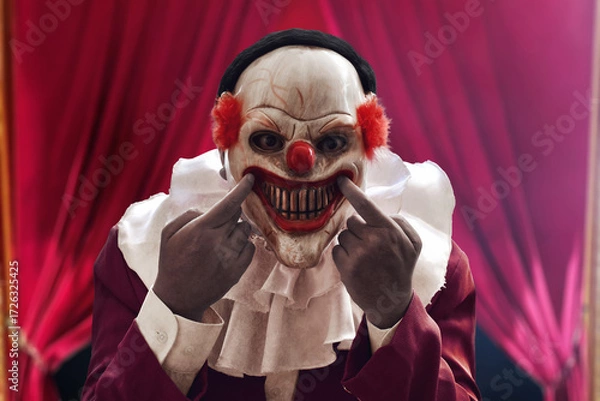 Fototapeta Man wearing scary clown mask on stage with red curtains, Halloween theme