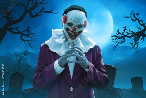 Fototapeta Man wearing scary clown mask on graveyard at night with full moon, Haloween theme