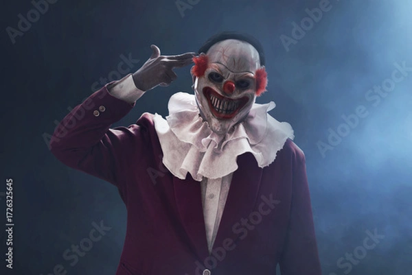 Fototapeta Man wearing scary clown mask on dark background with smoke mist fog, Halloween theme