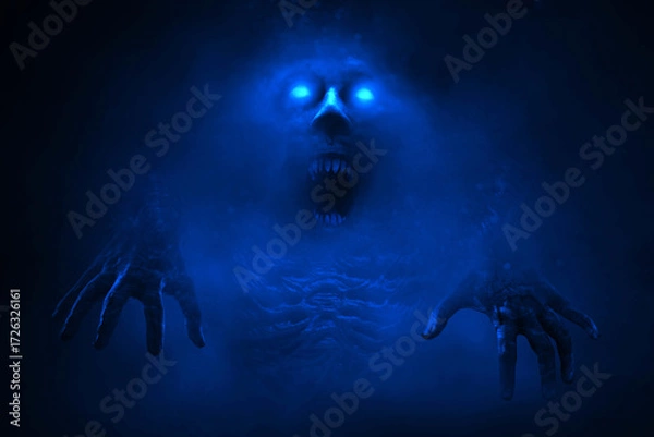 Obraz Scary ghost on dark background with smoke mist fog, Hallowen theme
