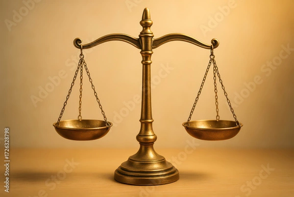 Fototapeta Golden balance scale on wooden surface with warm background, symbolizing justice and fairness