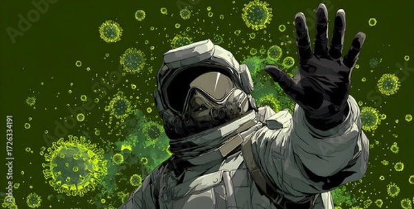 Fototapeta Astronaut in spacesuit holds up hand against a swarm of coronavirus particles in a symbolic representation of pandemic prevention, creating a dramatic and cautionary image.