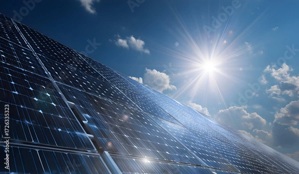 Fototapeta Solar panels gleam under bright sun against blue sky with scattered clouds, showcasing renewable energy source and sustainable technology for a clean future.