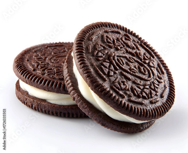 Fototapeta Two chocolate sandwich cookies with creamy filling stacked on a white surface, showcasing their delicious texture and tempting sweetness.