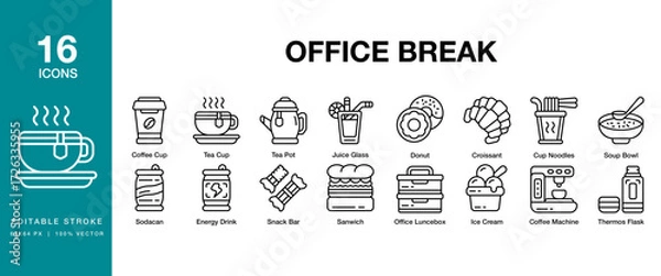 Fototapeta Office Break icon set. Includes office, work, break, business, corporate and More. Editable Stroke Icon Collection.
