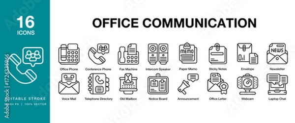 Fototapeta Office Communication icon set. Includes communication, business, work, corporate, office and More. Editable Stroke Icon Collection.