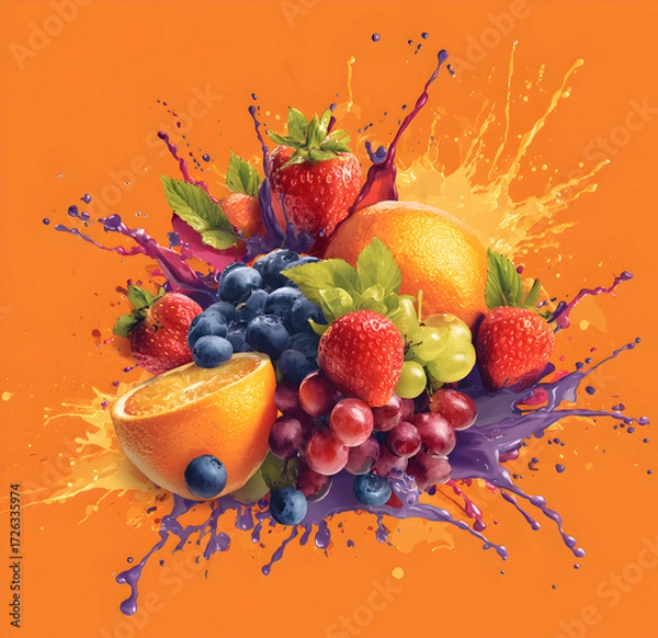 Fototapeta Fresh fruits create vibrant splash against orange backdrop, showcasing healthy eating and colorful summer flavors with juicy and refreshing appeal.