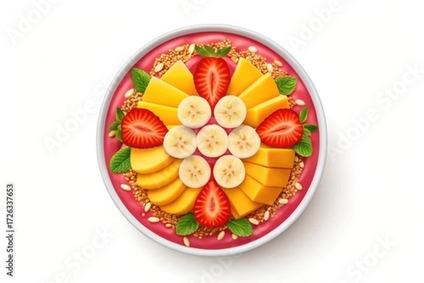 Fototapeta Vibrant smoothie bowl topped with fresh mango strawberries bananas and granola isolated on white background