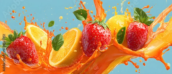 Fototapeta Strawberries and lemons splashing in orange juice against a light blue backdrop, creating a refreshing and vibrant summer mood.