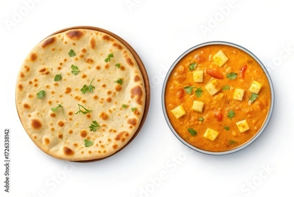 Fototapeta Delicious indian paneer butter masala with naan bread isolated on white background