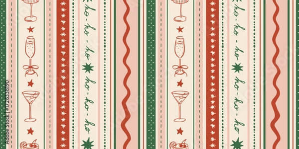 Fototapeta Seamless holiday pattern with various drinks in vertical stripes. Hand drawn ink new year vector illustration. Background for social media, banners, invitation. Trendy Christmas party template. 