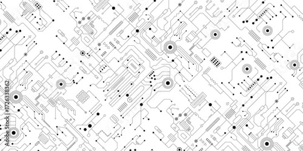 Fototapeta Black and White Printed Circuit Board Seamless Background with Pattern in Swatches. 
