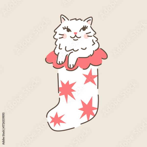 Fototapeta Cute white fluffy cat in Christmas stocking. Hand drawn vector illustration in vintage style. Funny retro pet character card template. Holiday winter kitty isolated.