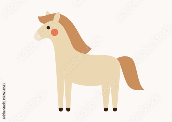 Fototapeta Cute cream horse with brown mane. Hand drawn flat vector illustration. Funny animal isolated on white. 2026 Lunar New year design. Cool comic farm character, kids poster, card, social media banner.