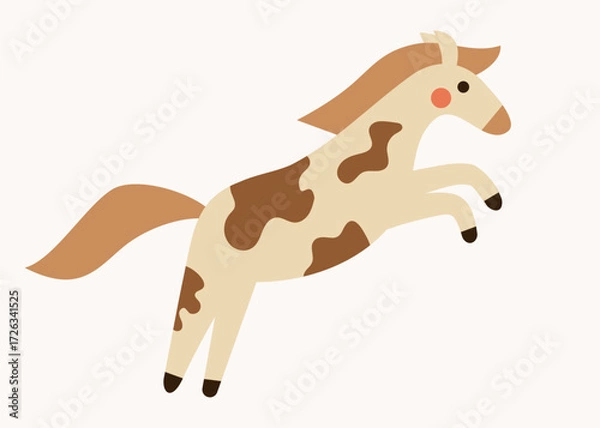 Fototapeta Cute pinto horse jumping happily. Hand drawn flat vector illustration. Funny animal isolated on white. 2026 Lunar New year design. Cool comic farm character, kids poster, card, social media banner.