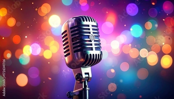 Fototapeta Retro microphone against colorful bokeh