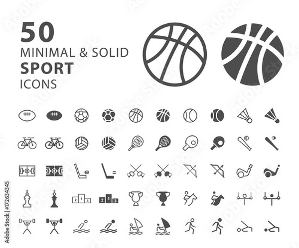 Fototapeta Set of 50 Minimal and Solid Sport Icons on White Background . Vector Isolated Elements