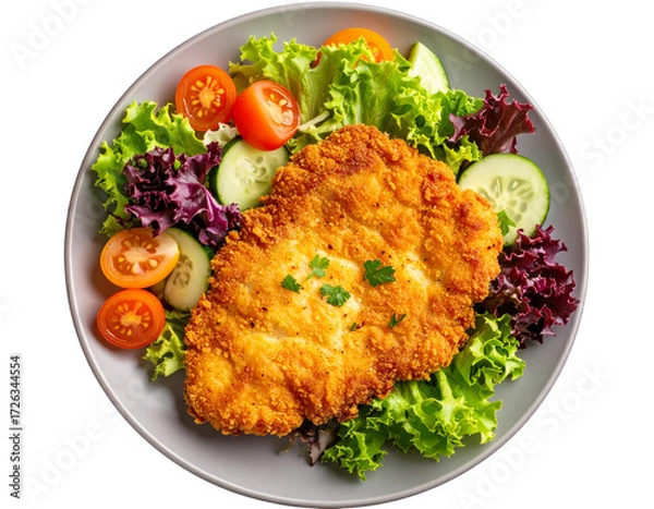 Fototapeta Top-Down View of Chicken Schnitzel with Salad, Artistic Plate Arrangement, isolated on transparent background PNG