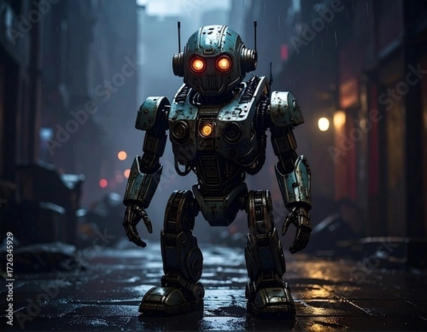 Fototapeta Retro robot stands in dark alley (1)