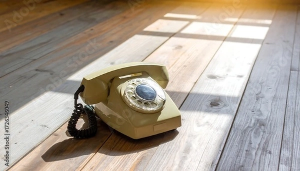 Fototapeta Retro phone sits on wooden floor, sunlit