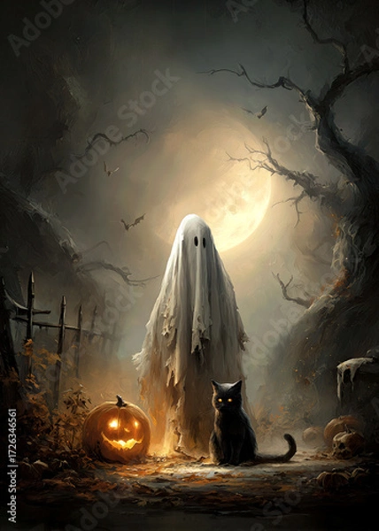 Fototapeta Under a full moon, a ghostly figure in a tattered sheet stands in a shadowy graveyard. Beside it, a black cat stares with bright eyes, while a carved pumpkin glows eerily.