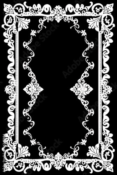 Obraz playing card / tarot card reverse side art, card back pattern or wedding stationery / card design - white doily lace swirls on black background
