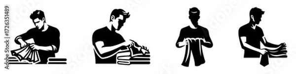 Fototapeta Modern Minimalist Man Folding Clothes Icon, Flat Silhouette of a Parenthood Vector for Home Illustration Design
