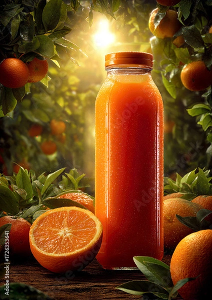 Fototapeta A vibrant glass bottle of orange juice stands among lush orange trees, with sunlight filtering through the leaves, illuminating the juicy oranges and creating a warm glow.