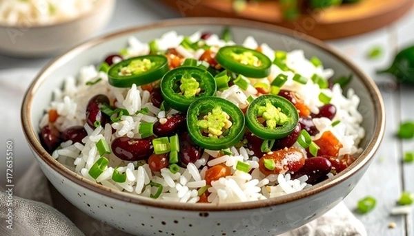Fototapeta Rice and beans dish, garnished with sliced jalape?os and green onions