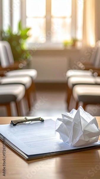 Obraz Crumpled Paper on Desk with Empty Waiting Room and Natural Light