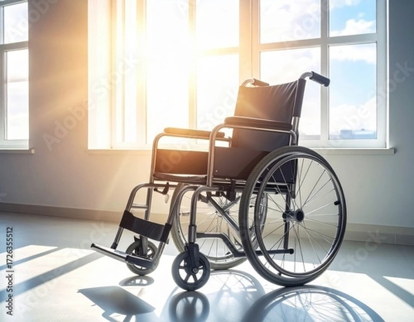 Obraz Empty wheelchair in bright room with sunlight and large windows