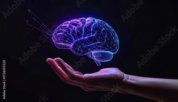 Obraz Futuristic Brain Visualization with Hand Holding Holographic Model