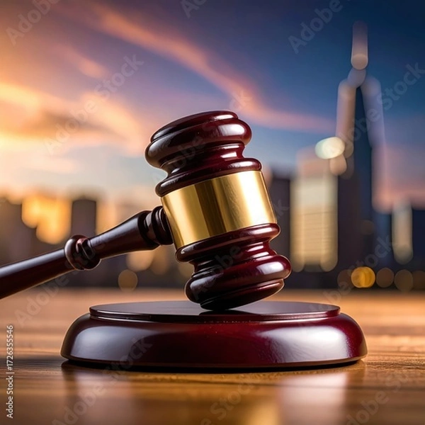 Obraz Gavel on Desk with City Skyline in Background at Sunset