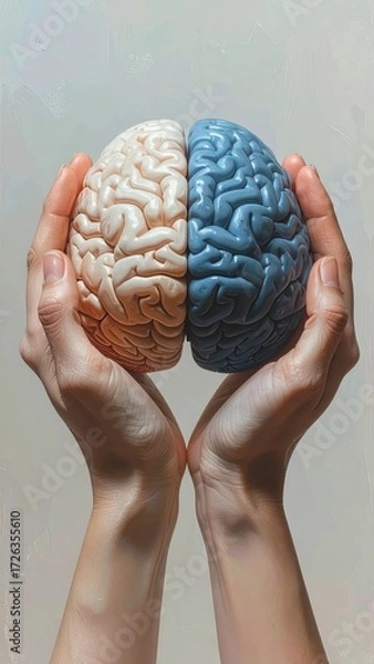Obraz Hands Holding Two Halves of a Brain in Contrasting Colors